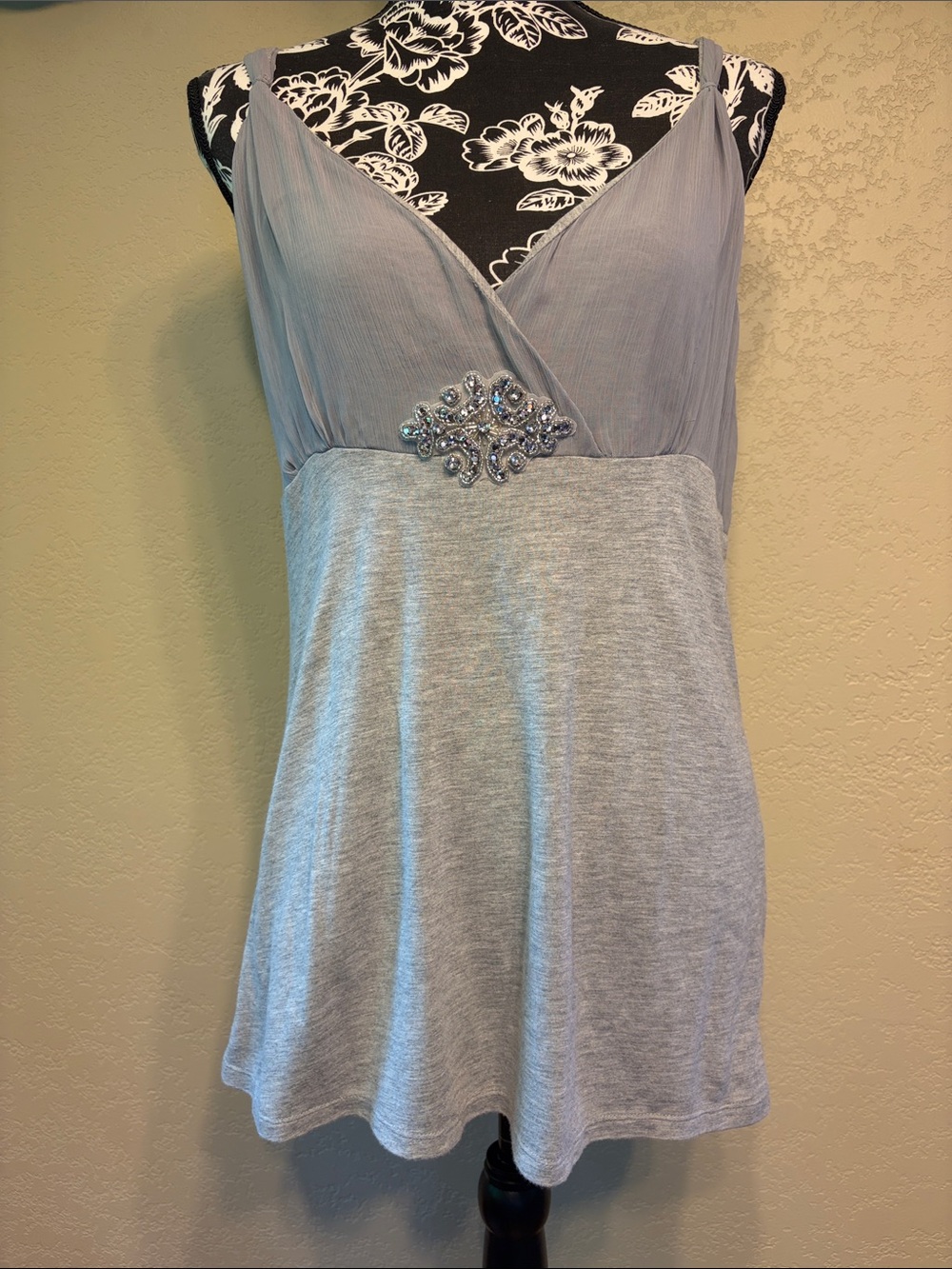 New York & Company Light Gray Silver Jeweled Wrap Tank